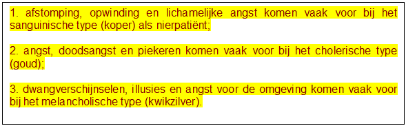 Tekstvak: 1. afstomping, opwinding en lichamelijke angst komen vaak voor bij het sanguinische type (koper) als nierpatint;
2. angst, doodsangst en piekeren komen vaak voor bij het cholerische type (goud);
3. dwangverschijnselen, illusies en angst voor de omgeving komen vaak voor bij het melancholische type (kwikzilver). 

