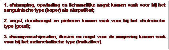 Tekstvak: 1. afstomping, opwinding en lichamelijke angst komen vaak voor bij het sanguinische type (koper) als nierpatint;
2. angst, doodsangst en piekeren komen vaak voor bij het cholerische type (goud);
3. dwangverschijnselen, illusies en angst voor de omgeving komen vaak voor bij het melancholische type (kwikzilver). 

